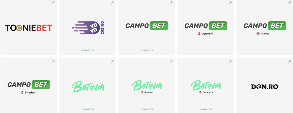 Logos of online casino brands like CampoBet, Betinia, ToonieBet, and YoYo Casino, with country-specific versions and awards shown. 